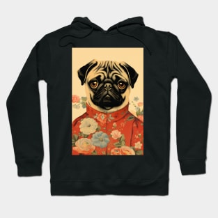 Floral Pug Dog Portrait in Suit Vintage Art Hoodie